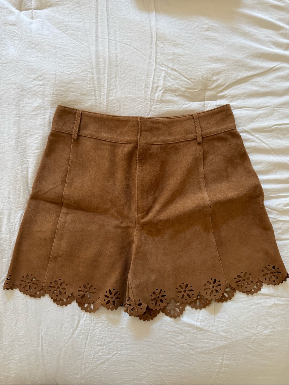 Zara Brown Scalloped Hem Suede leather High-Waist Shorts